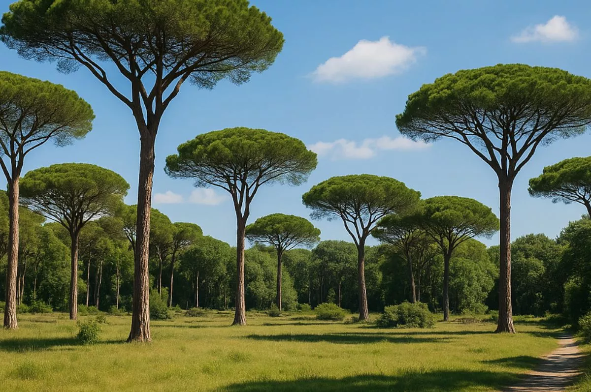San Rossore Natural Park in Tuscany near Agriturismo Podere Settefrati, pine forest with umbrella trees and sunny meadow